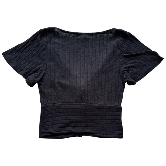 Free People Beach Black Rib Knit Button Up Tie Front Crop Top Women's Size M - Picture 2 of 8